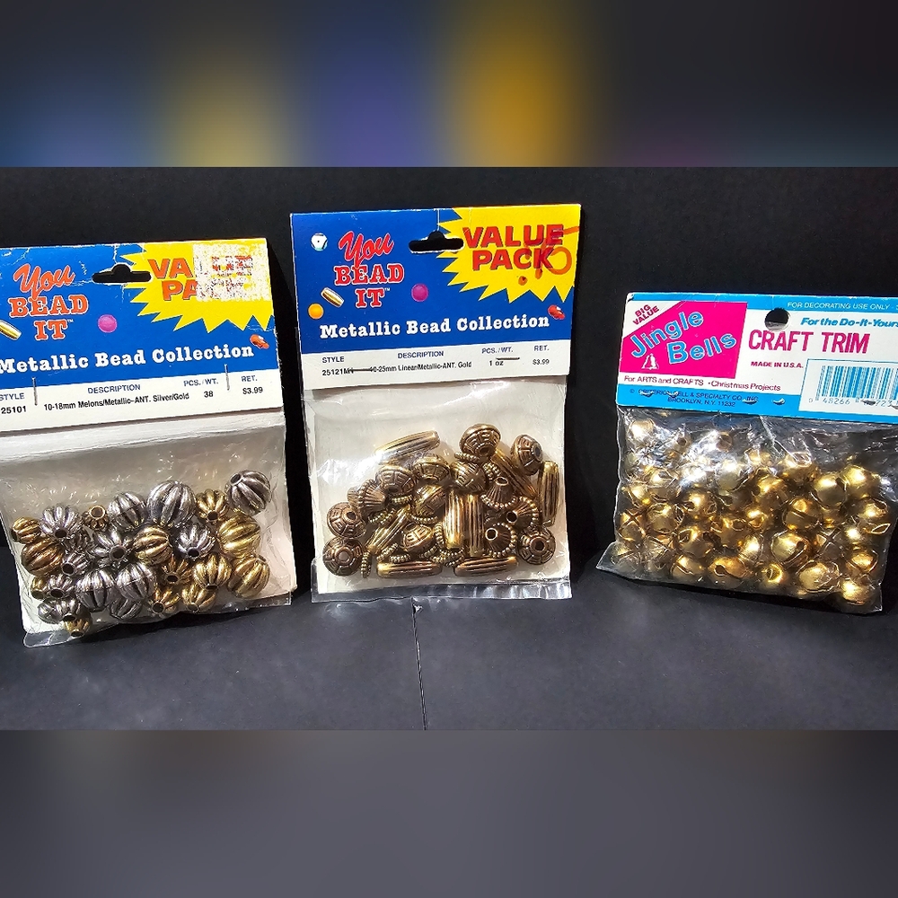 Bead Crafting Lot 1 Gold 1 Silver & Gold Mix I Pk Jingle Bells NIP